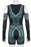 Blue Sexy Print Patchwork V Neck Skinny Rompers