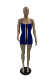 Deep Blue Sexy Patchwork Buckle Spaghetti Strap Pencil Skirt Dresses