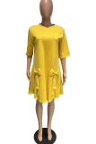 Yellow Casual Solid Patchwork O Neck Straight Dresses