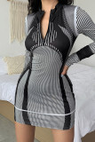 Black Sexy Print Patchwork O Neck Pencil Skirt Dresses