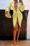Yellow Sexy Solid Patchwork V Neck Irregular Dress Dresses
