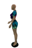 Green Sexy Patchwork Tie-dye O Neck Short Sleeve Two Pieces