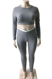Grey Casual Sportswear Solid Patchwork O Neck Plus Size Two Pieces