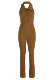 Beige Sexy Casual Solid Backless Fold Turndown Collar Skinny Jumpsuits