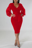 Red Sexy Solid Patchwork V Neck One Step Skirt Dresses