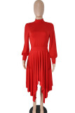 Red Casual Solid Patchwork Asymmetrical Half A Turtleneck A Line Dresses