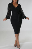 Red Sexy Solid Patchwork V Neck One Step Skirt Dresses