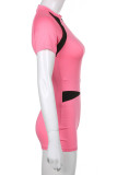 Pink Casual Sportswear Solid Patchwork Half A Turtleneck Regular Rompers