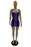 Deep Blue Sexy Patchwork Buckle Spaghetti Strap Pencil Skirt Dresses