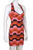 Red Sexy Print Patchwork Halter Pencil Skirt Dresses