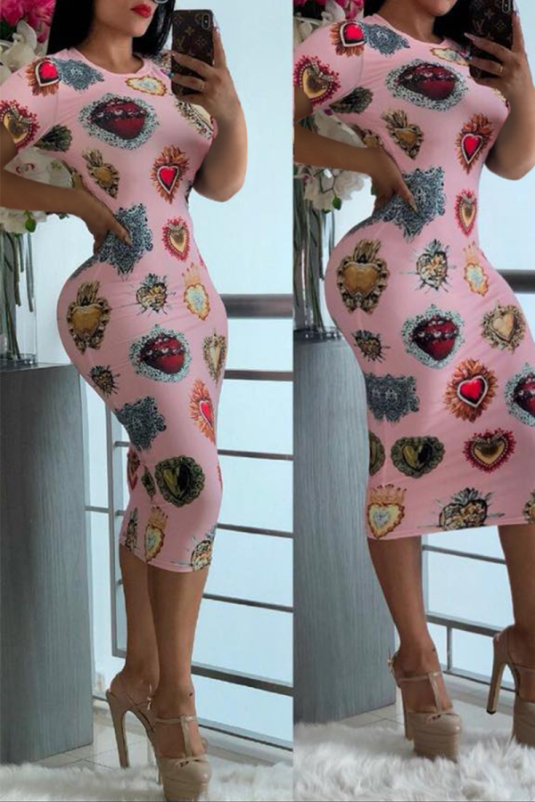 Pink Sexy Print Patchwork O Neck Pencil Skirt Dresses