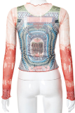Multicolor Sexy Print Mesh O Neck Tops