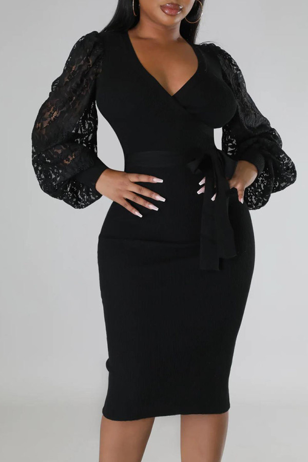 Black Sexy Solid Patchwork V Neck One Step Skirt Dresses