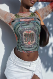 Multicolor Sexy Print Mesh O Neck Tops
