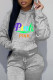 Grey Casual Sportswear Print Patchwork Hooded Collar Tops