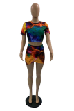 Green Sexy Patchwork Tie-dye O Neck Short Sleeve Two Pieces
