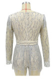 Dark Apricot Sexy Solid Tassel Sequins Patchwork See-through V Neck Regular Rompers