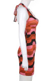 Red Sexy Print Patchwork Halter Pencil Skirt Dresses