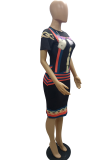Pink Sexy Print Patchwork O Neck Pencil Skirt Dresses