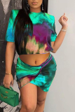 Green Sexy Patchwork Tie-dye O Neck Short Sleeve Two Pieces