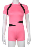 Pink Casual Sportswear Solid Patchwork Half A Turtleneck Regular Rompers