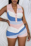 Blue Casual Print Patchwork Buttons Turndown Collar Skinny Rompers