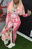 Pink Sexy Print Patchwork Turndown Collar Long Sleeve Two Pieces