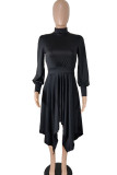 Red Casual Solid Patchwork Asymmetrical Half A Turtleneck A Line Dresses
