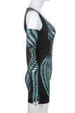 Blue Sexy Print Patchwork V Neck Skinny Rompers