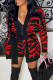 Red Street Animal Print Bandage Cardigan Collar Long Sleeve Three Pieces
