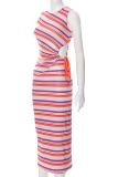 Purple Sexy Striped Patchwork O Neck Pencil Skirt Dresses