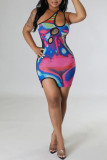 Blue Sexy Print Patchwork Asymmetrical Spaghetti Strap Pencil Skirt Dresses