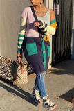 Multicolor Casual Patchwork Cardigan V Neck Outerwear