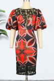 Red Elegant Print Patchwork O Neck One Step Skirt Dresses