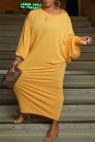 Orange Casual Solid Patchwork O Neck Long Sleeve Dresses