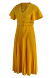 Yellow Casual Elegant Solid Patchwork Fold O Neck A Line Dresses