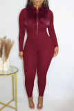 Red Casual Solid Patchwork Zipper O Neck Skinny Jumpsuits