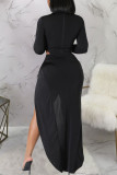 Black Sexy Solid Hollowed Out Patchwork Slit Asymmetrical O Neck Long Sleeve Two Pieces