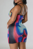 Blue Sexy Print Patchwork Asymmetrical Spaghetti Strap Pencil Skirt Dresses