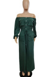 Green Casual Solid Patchwork Pocket Fold Off the Shoulder Straight Jumpsuits