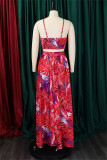 Red Sexy Print Backless Spaghetti Strap Sleeveless Two Pieces
