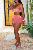 Pink Sexy Solid Patchwork Feathers U Neck Two Pieces