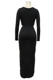 Black Sexy Solid Hollowed Out Patchwork Slit Asymmetrical O Neck Long Sleeve Two Pieces