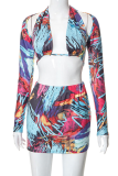 Red Sexy Print Patchwork Halter Long Sleeve Three Pieces