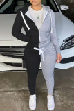 Grey Casual Print Patchwork Hooded Collar Long Sleeve Two Pieces