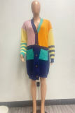Multicolor Casual Patchwork Cardigan V Neck Outerwear