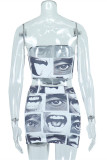 White Sexy Print Backless Strapless Sleeveless Two Pieces