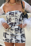 White Sexy Print Backless Strapless Sleeveless Two Pieces
