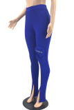 Blue Casual Solid Patchwork Slit Skinny High Waist Trousers