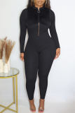 Red Casual Solid Patchwork Zipper O Neck Skinny Jumpsuits